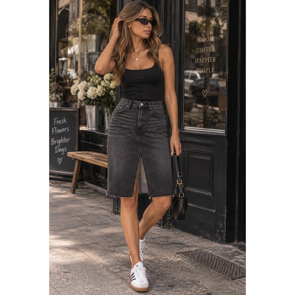 Joes Jeans Denim Skirt Women 28 Black Distressed Raw Hem Midi Front Slit